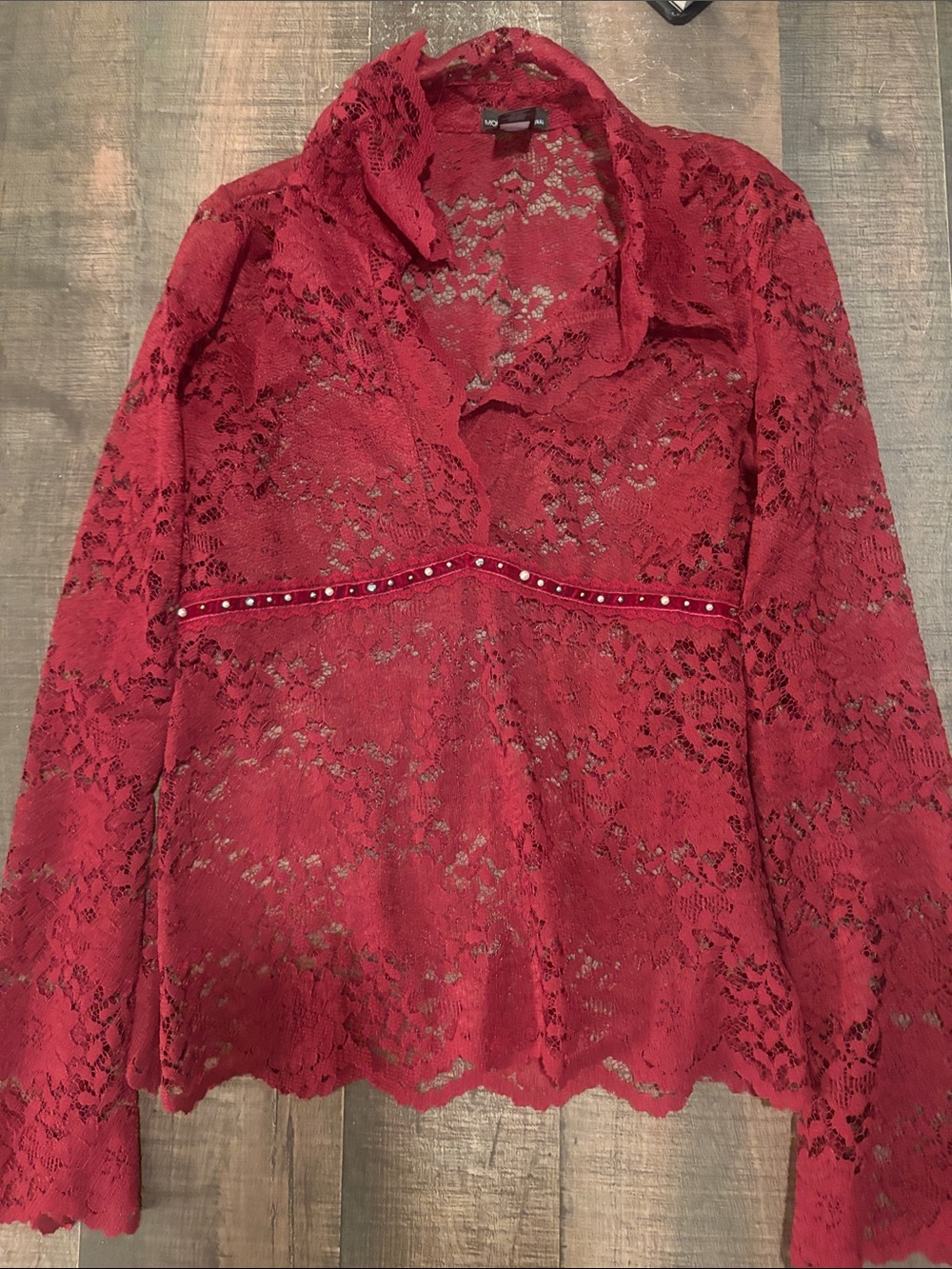 Mods International, red Lace Long-Sleeve top with Stud Detail S